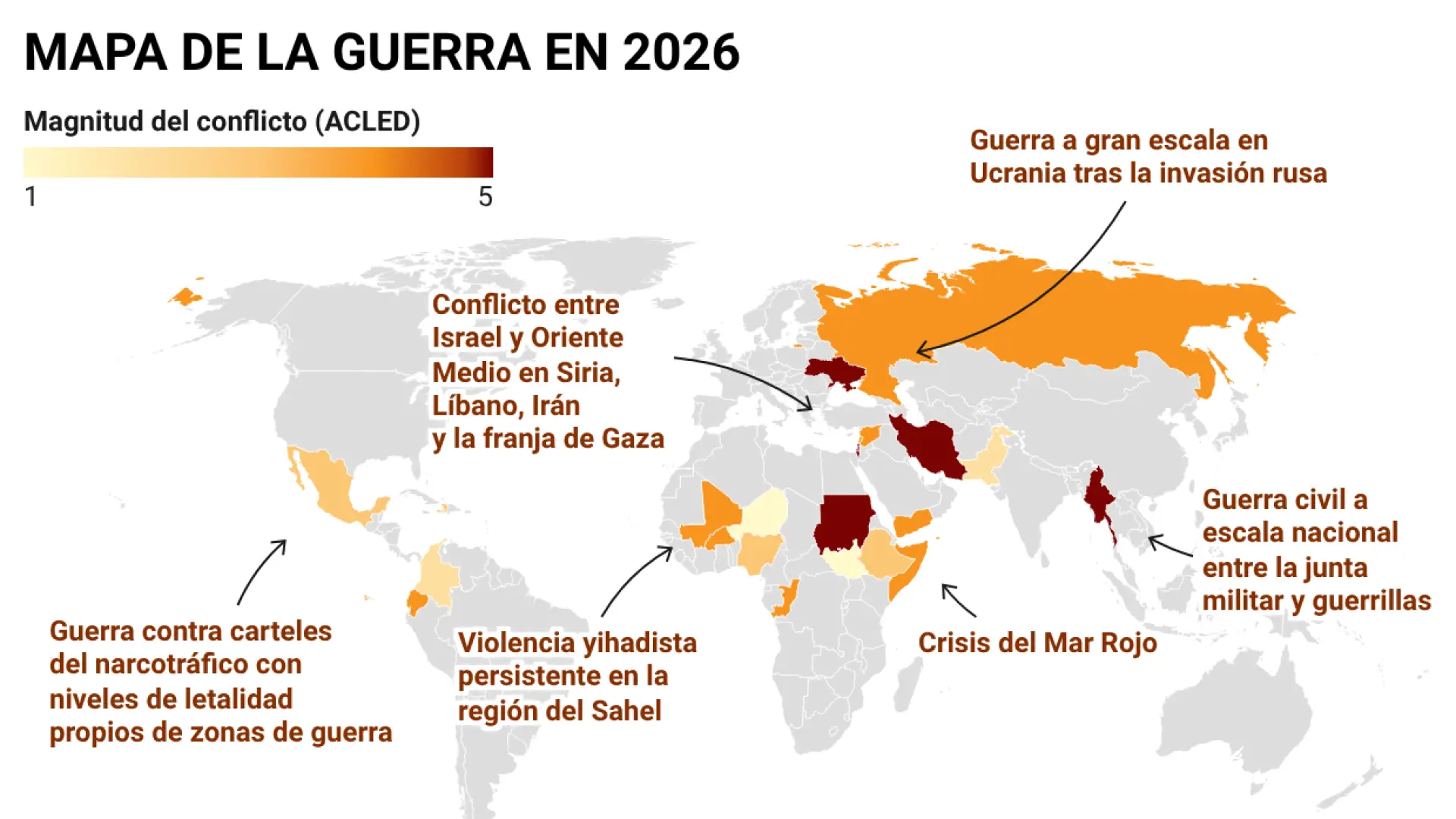 Irán, Ucrania, Myanmar, Sudán... así está el mapa de guerras y conflictos violentos en el mundo en 2026
