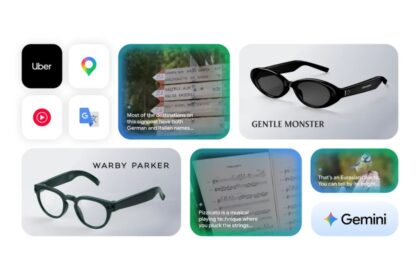 Mujer usando gafas inteligentes de Google con asistente de IA Gemini