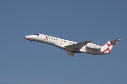 Imagen de un jet privado en vuelo, listo para despegar hacia un refugio de lujo