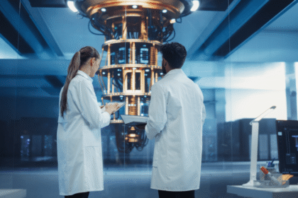 Científico trabajando con una computadora cuántica y un modelo de IA en un laboratorio