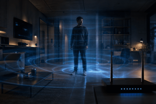 Una persona caminando en un espacio con routers WiFi activos que rastrean sus movimientos