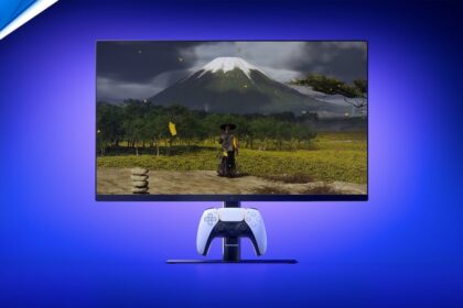 Imagen de un monitor de 27' con un gancho retráctil para cargar el mando DualSense de PlayStation