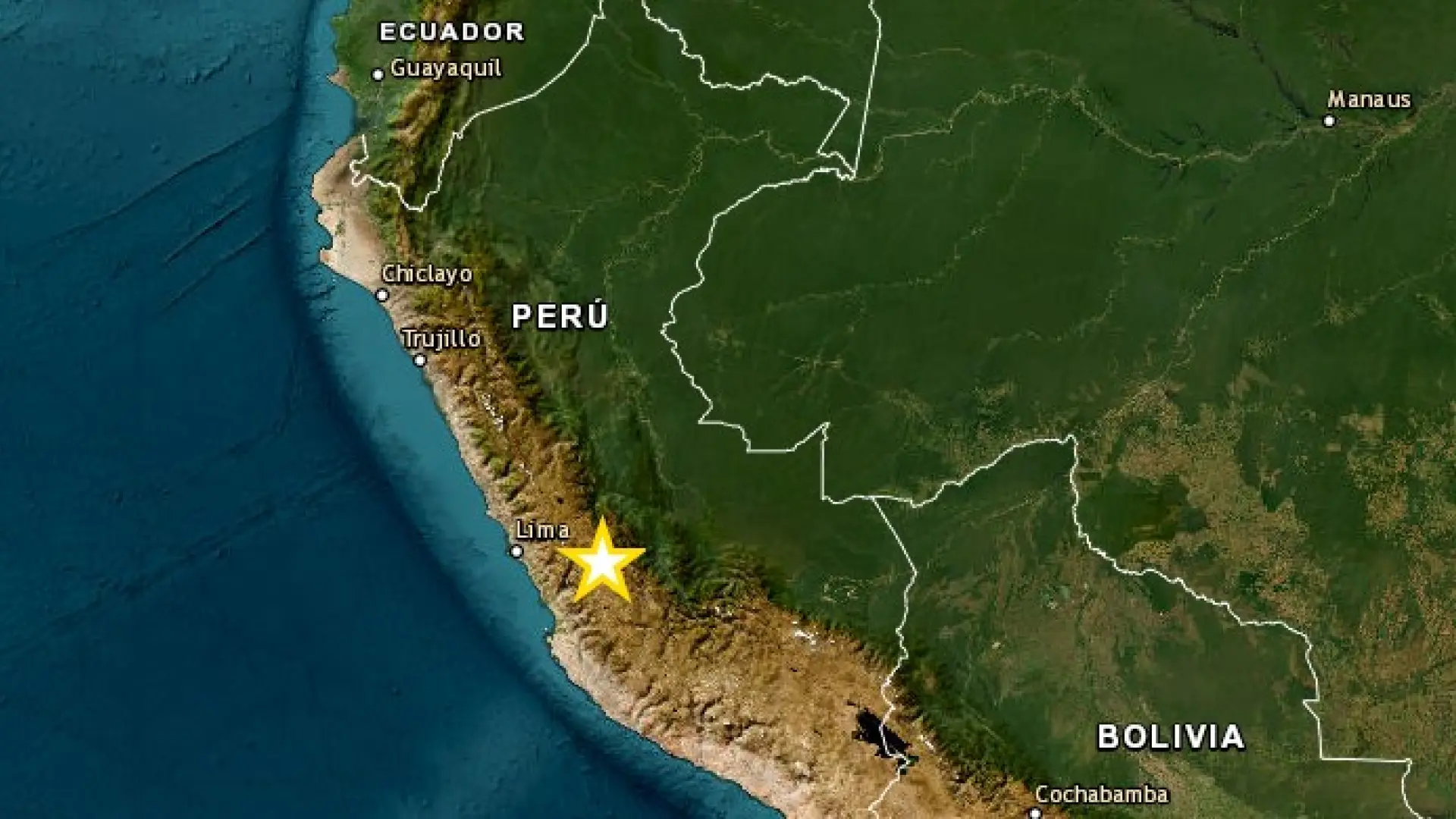 Mapa de la región de Junín en Perú mostrando epicentros de terremotos de magnitudes 5,1 y 3,7 con 17 minutos de diferencia