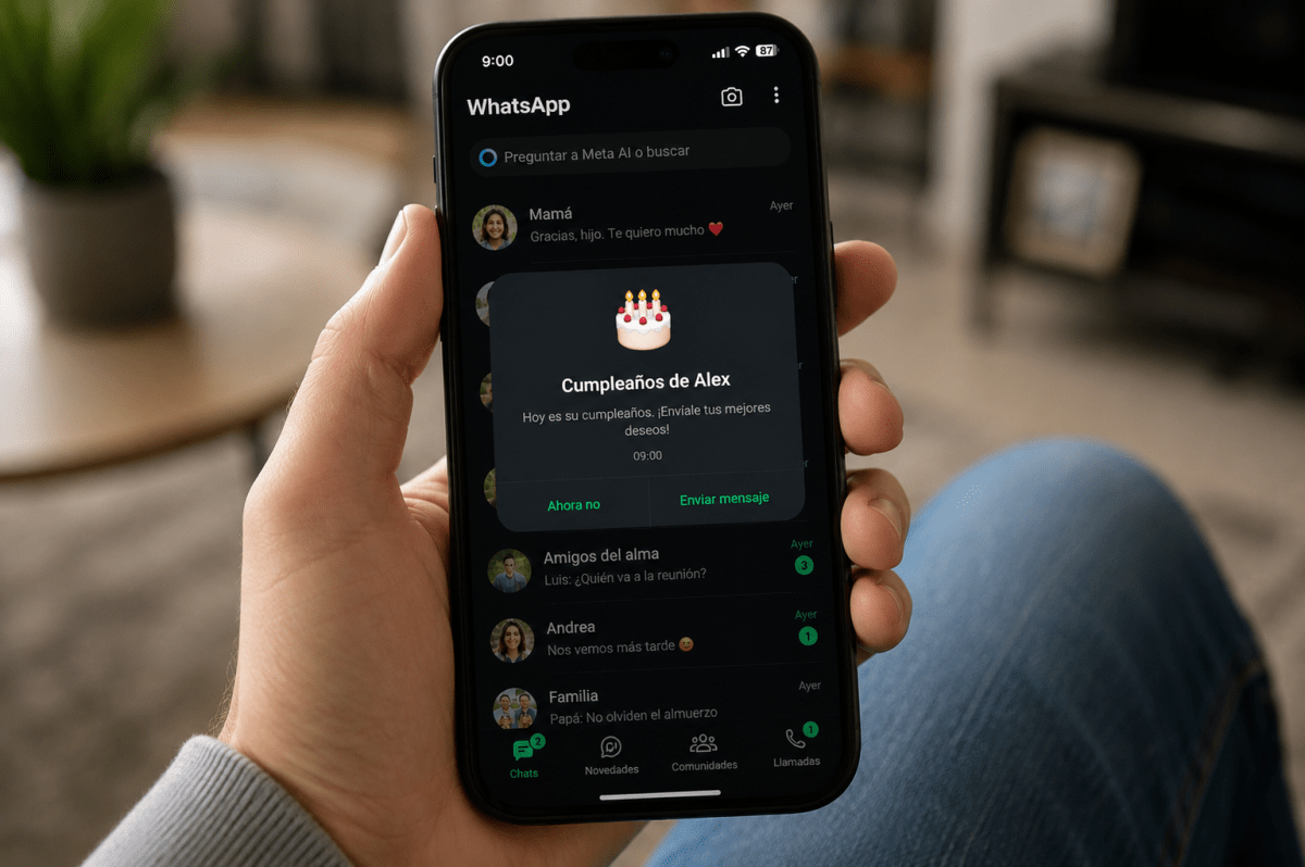 Interfaz de WhatsApp mostrando notificación de recordatorio de cumpleaños de un contacto